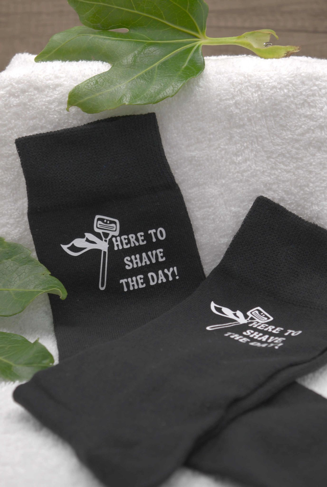 Bold Black Socks with Razor Motif | &quot;Here to Shave the Day&quot; by Lather &amp; Dab