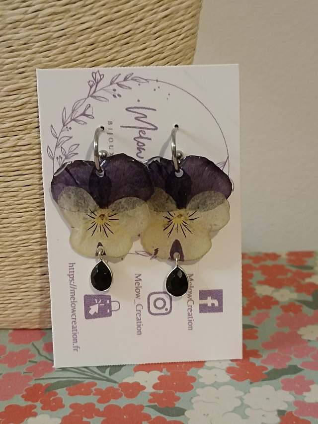 Boucles Pensées Violet/Jaune &amp; Strass Noir (1)