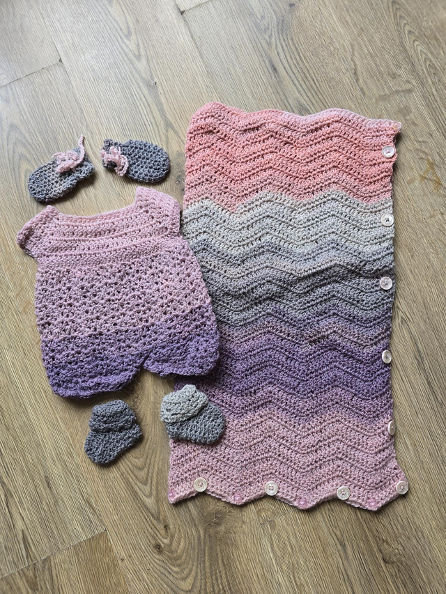 Crochet Romper, mittens, boots, sleeping bag/blanket Set 0-3/6 Months