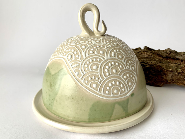 Beautiful Butter Dish Cheese Cover with hand-painted quirky playful patterns, pottery handmade, artistic and unique