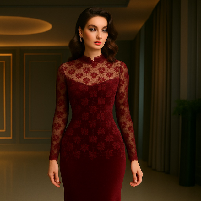 Elegant Evening Gown Long Party Dress with Velvet and Lace for Special Occasions