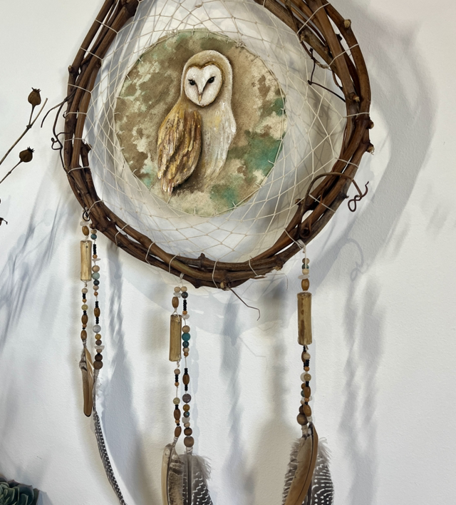 Esprit de la Chouette - Peinture Totémique & Attrape-rêves artisanal