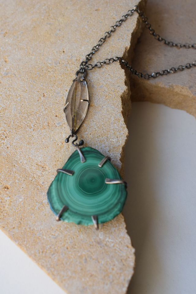 Collier Malachite &amp; Quartz à Tourmaline