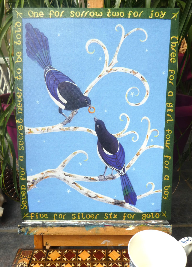 Open Edition Canvas Panel Print, from my "Animals in Folklore" collection, "Magpies in Sunlight"