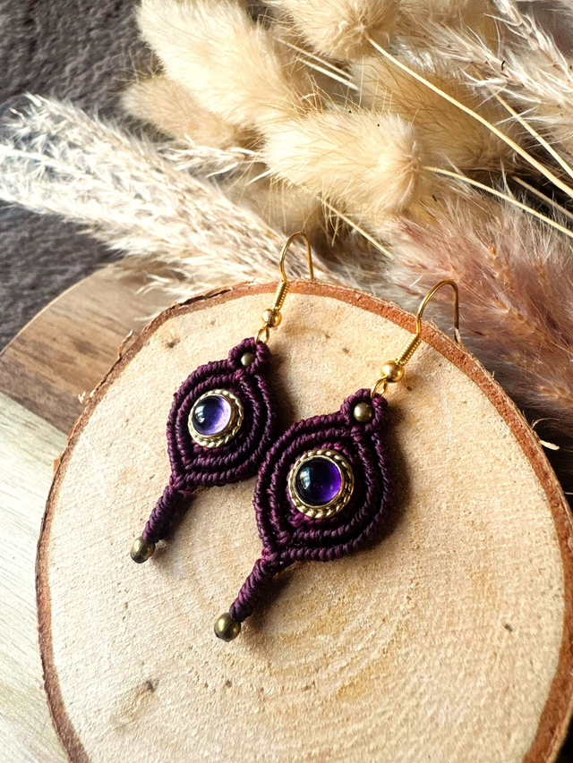 Nocturne - Boucles d’oreilles micro-macramé et améthyste / Collection Céleste