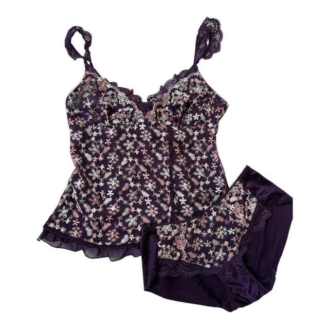 BNWT Japanese brand coquette purple embroidered bow cami top and underwear set 
