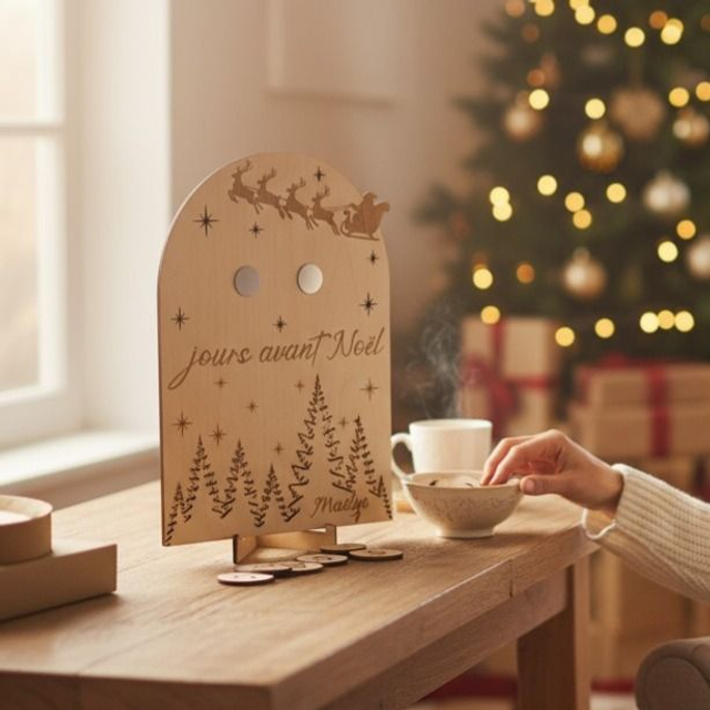 Calendrier de l'Avent , décompte de Noël - décoration personnalisée en bois gravé - décor Forêt