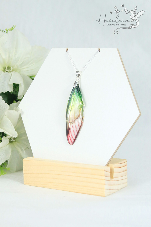 Green and red fairy wings pendant