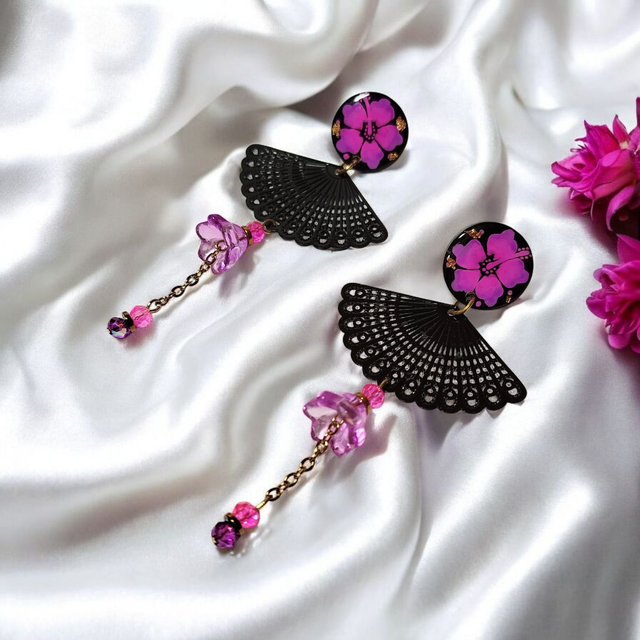 Boucles d'oreilles Flora rose fuchsia et violet