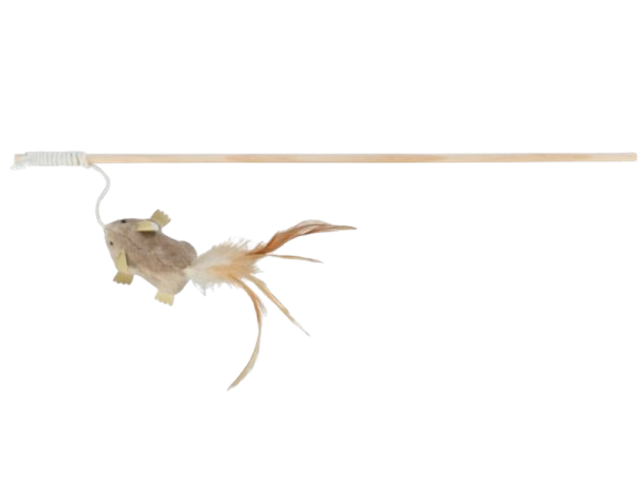 Canne à pêche souris avec plumes, en bois 50cm