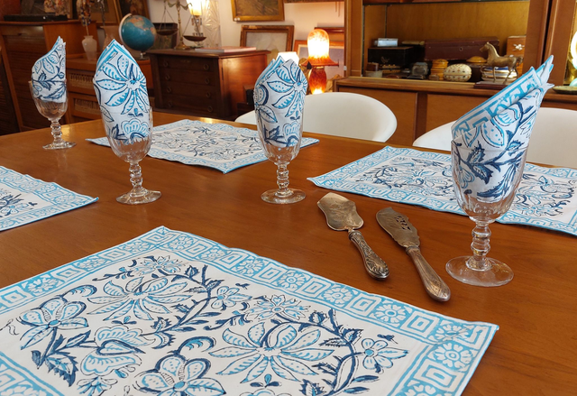 6 sets de table et serviettes, imprimés à la main, fleurs bleues, coton 