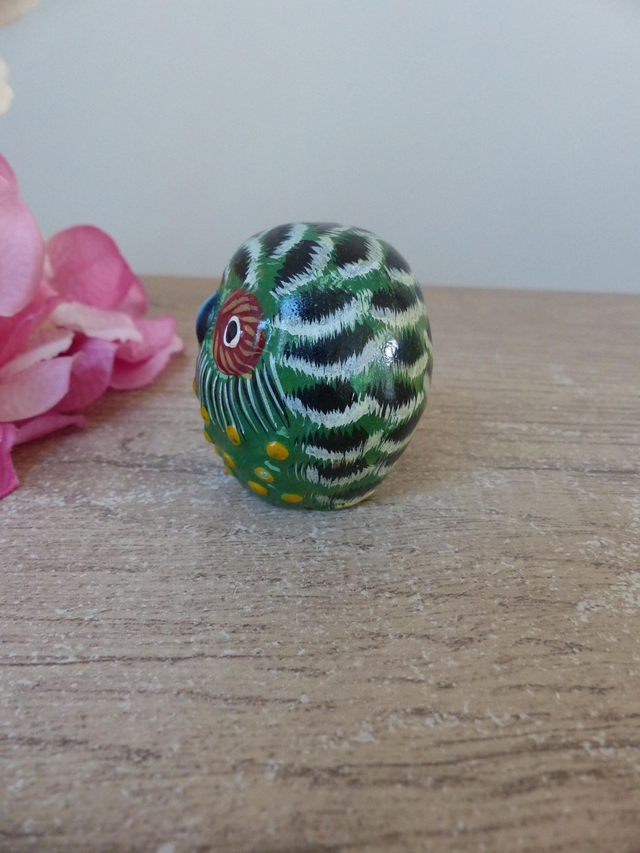 Figurine miniature chouette en plâtre peinte main vintage, chouette ovale verte cadeau porte bonheur, chouette décoration maison campagne