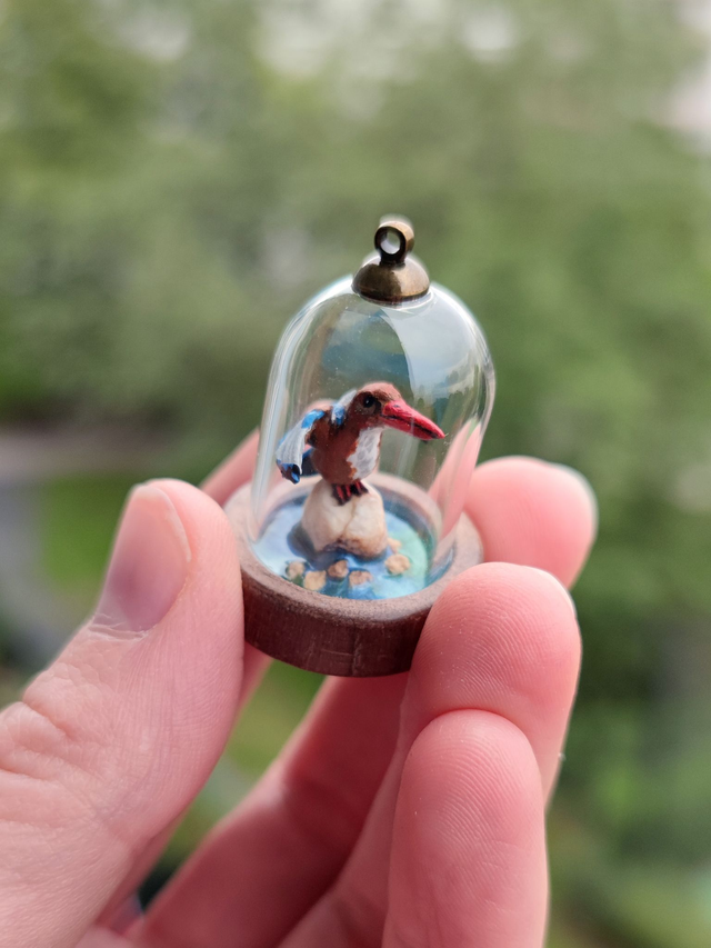 White throated kingfisher - one of a kind miniature diorama jewelry