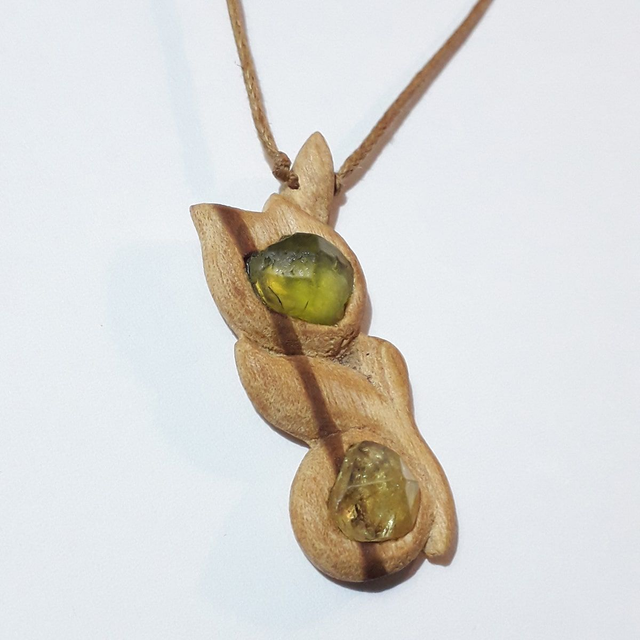 Olivine &amp; Yellow Apatite Necklace with hand carved Palo Santo wood 