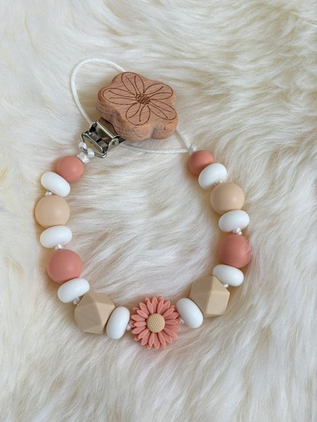 Attache tetine Fleur Vieux Rose 🌸