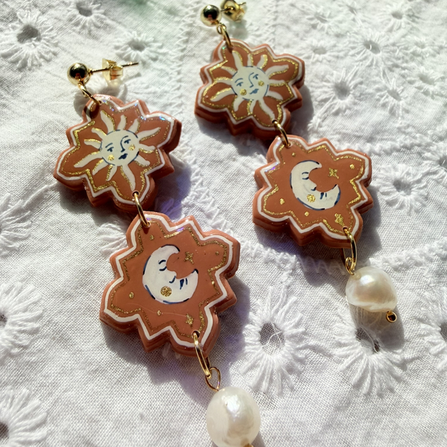 TARA - Celestial Sun and Moon Pearl Drop Statement Earrings