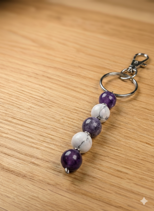 Porte-clé "Anti-stress" en Pierres Naturelles – Améthyste, Howlite et Lépidolite