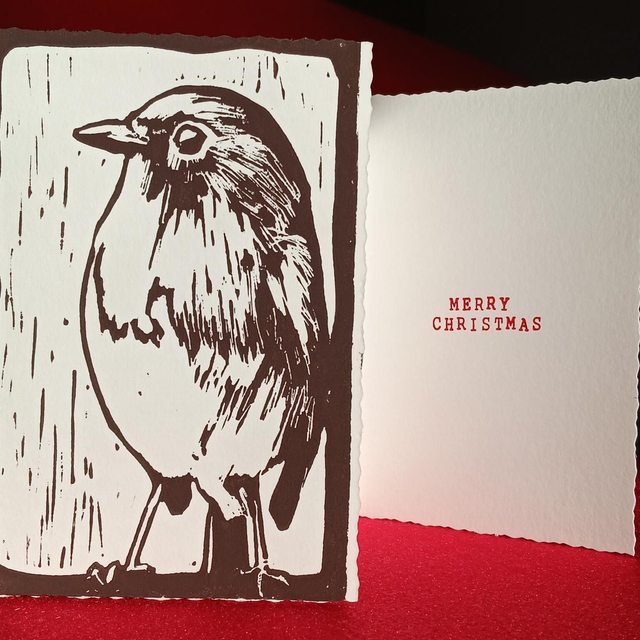Robin lino-print Christmas card 