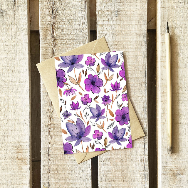 Carte Motif Fleurs mauves | Enveloppe kraft | A6 