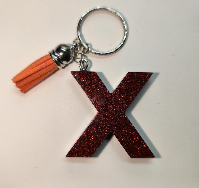 Porte clés initiale "X" rouge pailletté 
