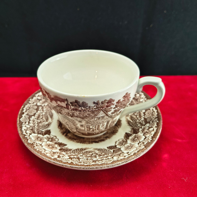 Churchill | Kop (diameter 9,0 | hoogte 6,5 cm) en Schotel (diameter 14,0 | hoogte 2,0 cm) 'English scenery' Bruine kleur | Vintage