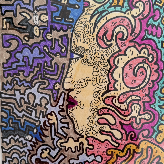 TATOO‘D LADY, Rahmen 42x32 cm, Passepartout 29x21 cm, Edding, Acryl- und Aquarellfarben auf Aquarellpapier 