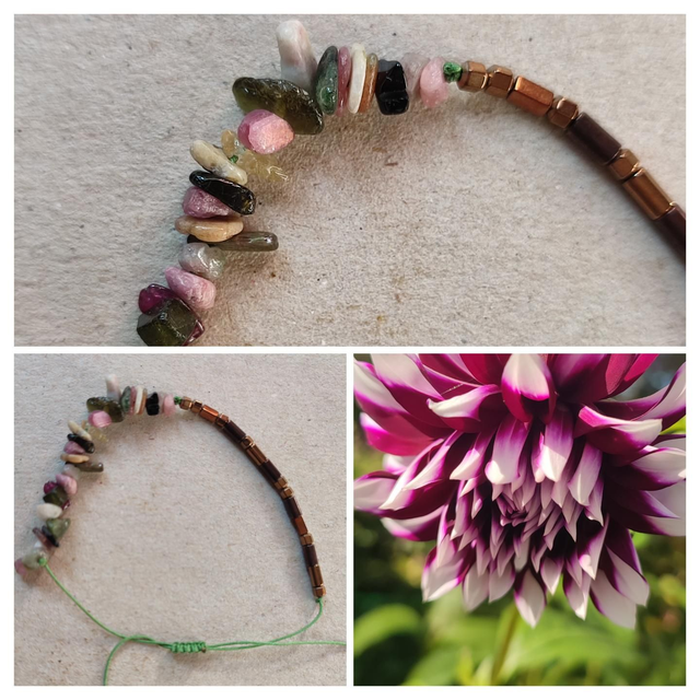 Z-Bracelet tourmaline ( pierres naturelles) et hématite doré réglable, sur fil de jade