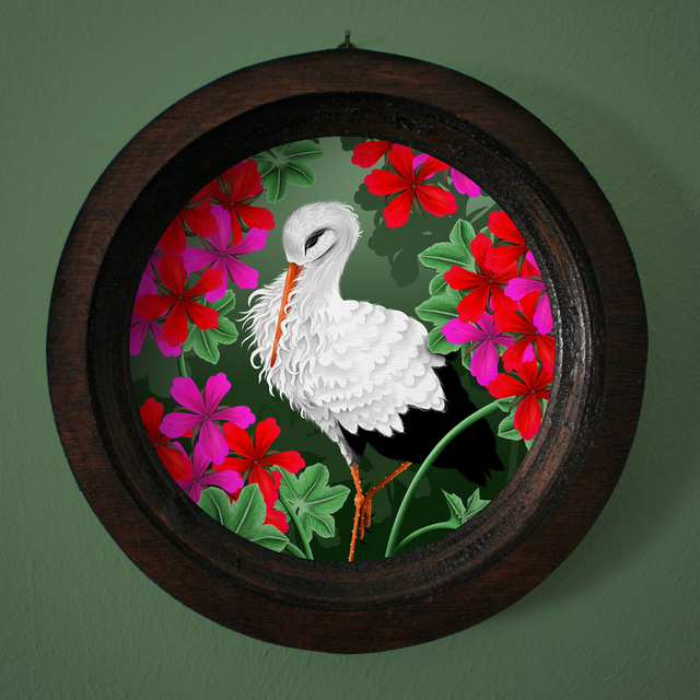 Cadre "Cigogne &amp; géraniums"