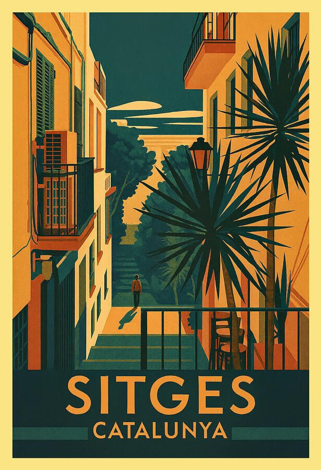 Póster antiguo de Sitges: Vista de la calle del casco antiguo y detalles arquitectónicos