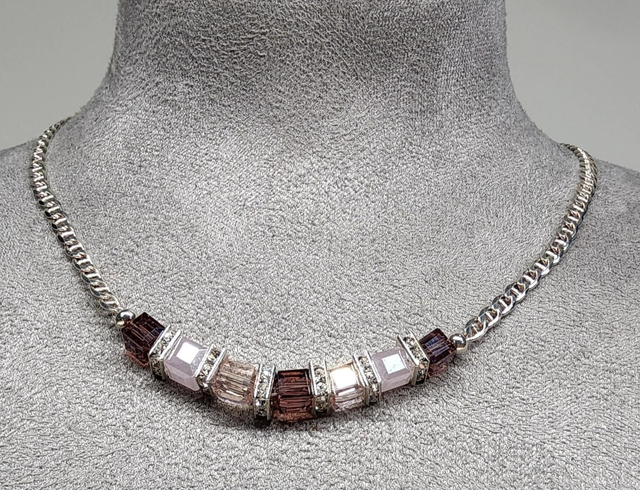Pink cube crystal sterling silver necklace