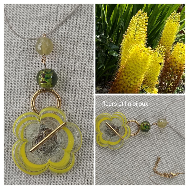 Collier jaune fleur en verre de Murano,perle en jade & verre, monté sur fil de lin réglable avec chaîne d'extension en acier inoxydable doré, pièce unique 