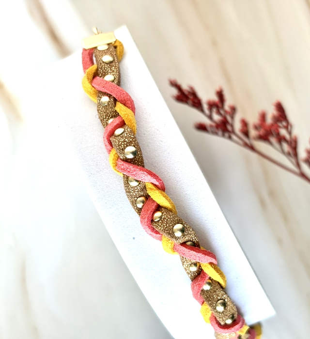 Bracelet TRESSE Doré à l’or Cuir Brun Coral jaune