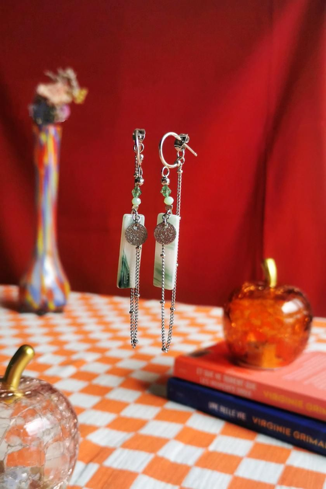Boucles d'oreilles Vert Marbré & Argenté
