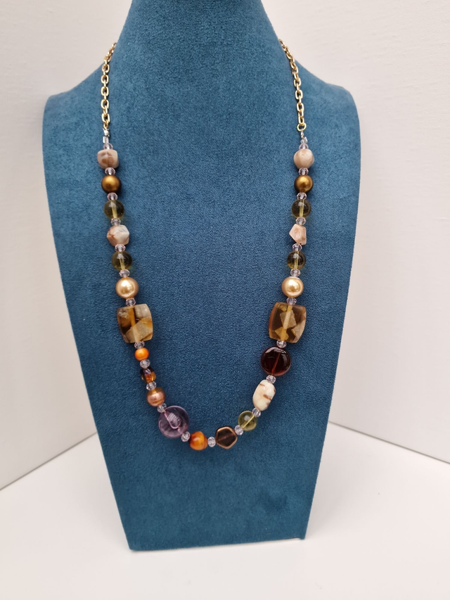 Collier Vintage Pierres Quartz Perles Dorés Marrons