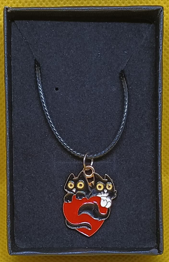 Enamel Black Cats On Red Heart Pendant Necklace.