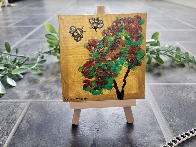 Original Mini Canvas Painting – Tree &amp; Bees on Golden Background