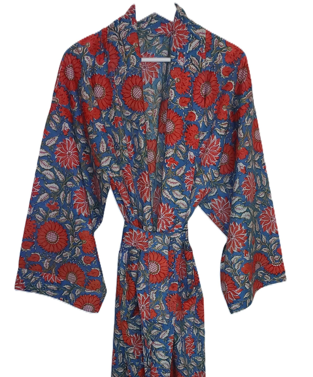Peignoir kimono en coton naturel imprimé à la main, motif floral orange, vert, bleu canard, robe de chambre L.130cm 