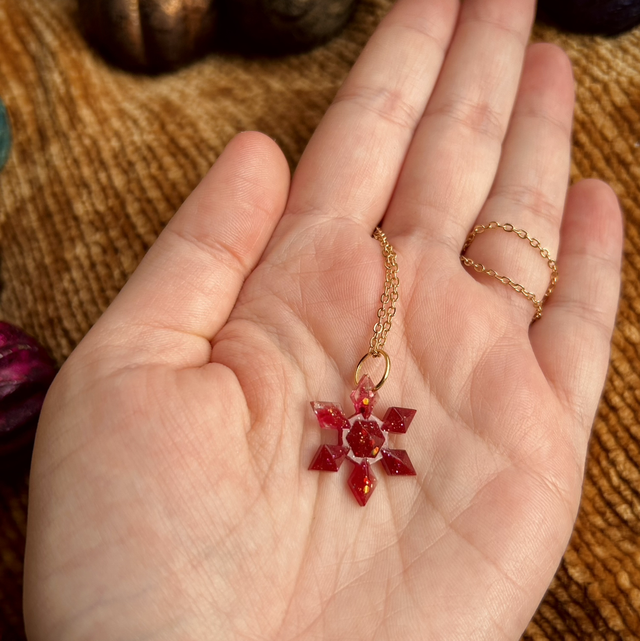 Snowflake Necklace Dainty - Red and Gold 