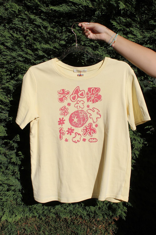 Pastel Yellow and Coral Flowery Printed T-shirt