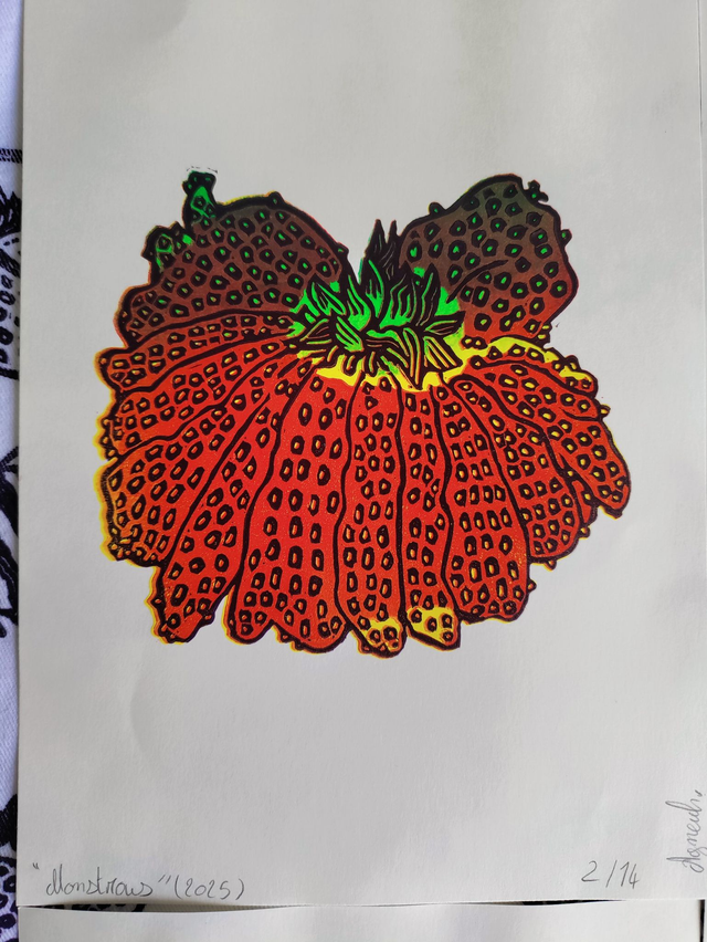 impression linogravure Fraise monstrueuse "Monstrous" A5