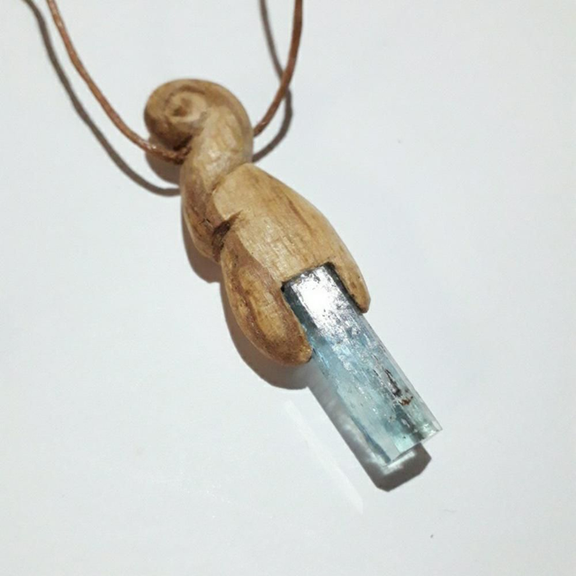 Aquamarin Necklace with hand carved Palo Santo wood 