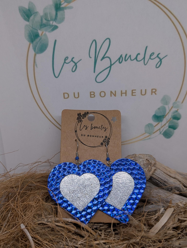 Boucles d&#039;oreilles Double coeur bleu argenté dc119