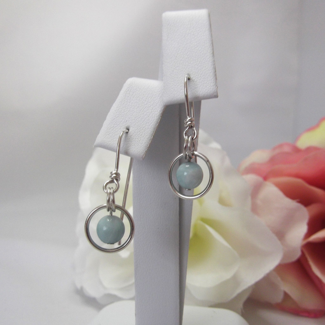 Amazonite gemstone dangle earrings bead in a ring of recycled sterling silver