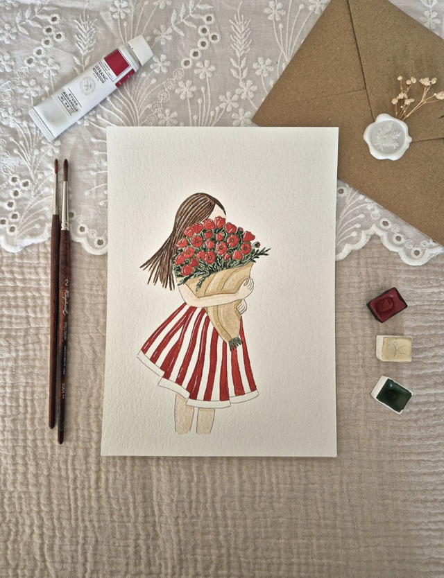 La femme au coquelicot - Aquarelle originale