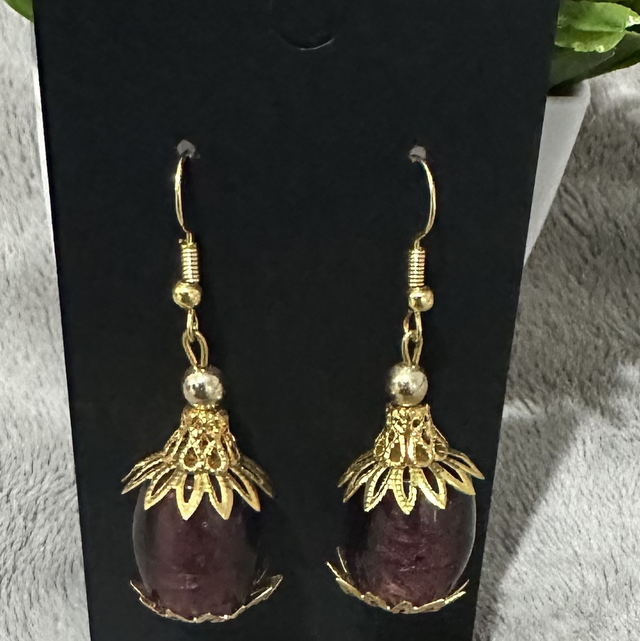 Purple &amp; Gold Dangling Earrings-PUR40