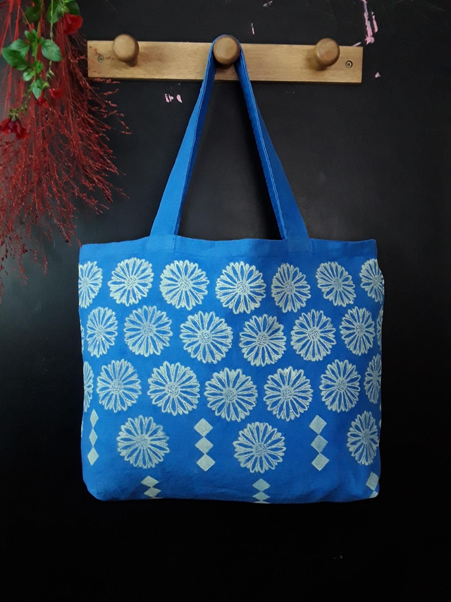 Cabas en lin bleu roi PÂQUERETTES et LOSANGES 