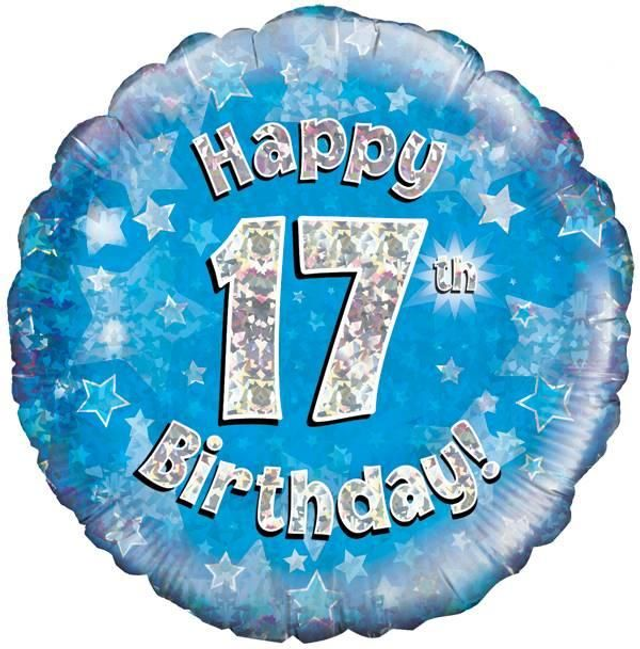 18" HAPPY 17TH BIRTHDAY BLUE HOLOGRAPHIC FOIL