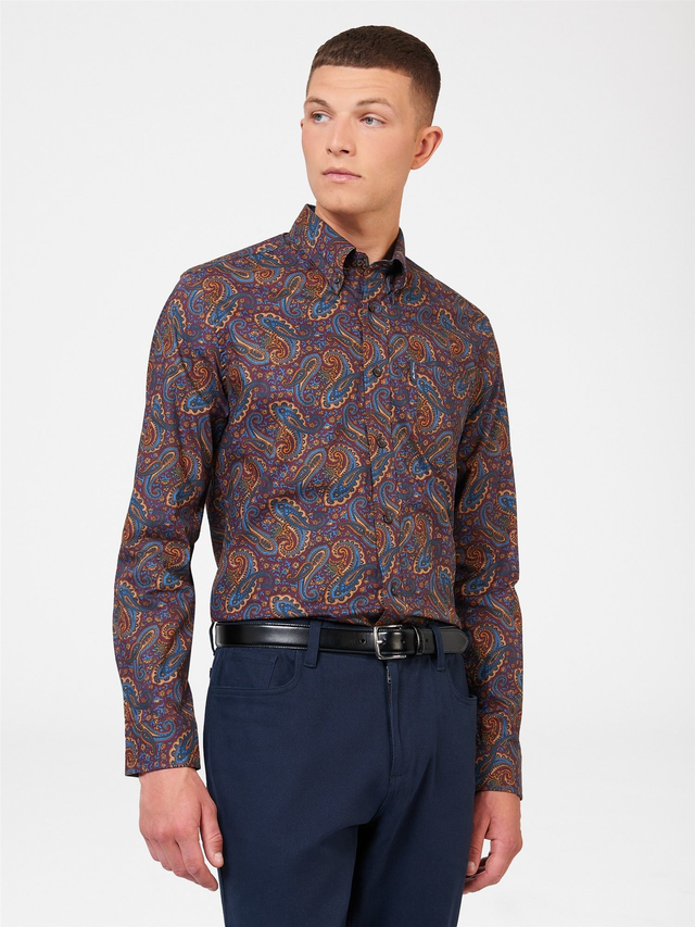 Ben Sherman 0074131 Paisley Print Long Sleeve Shirt - Aubergine 