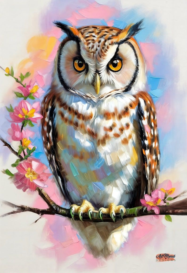 Hibou Grand Duc Fantasy 🦉 | Tableau Coloré sur Branche Fleurie – Décoration Murale Unique 🎨
