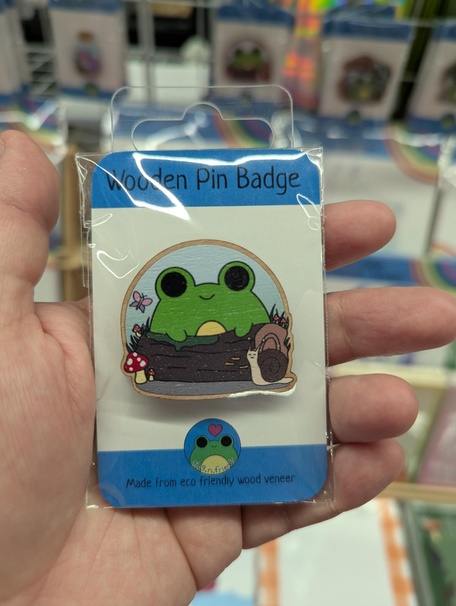 Frog on a log wooden pin badge 
